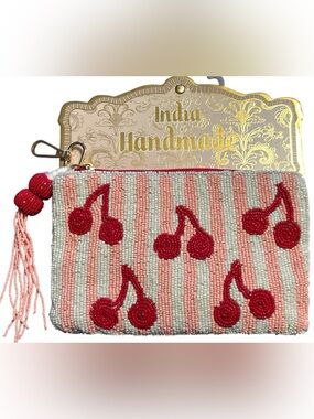 NWT•India Handmade Cherry Themed Beaded Clutch